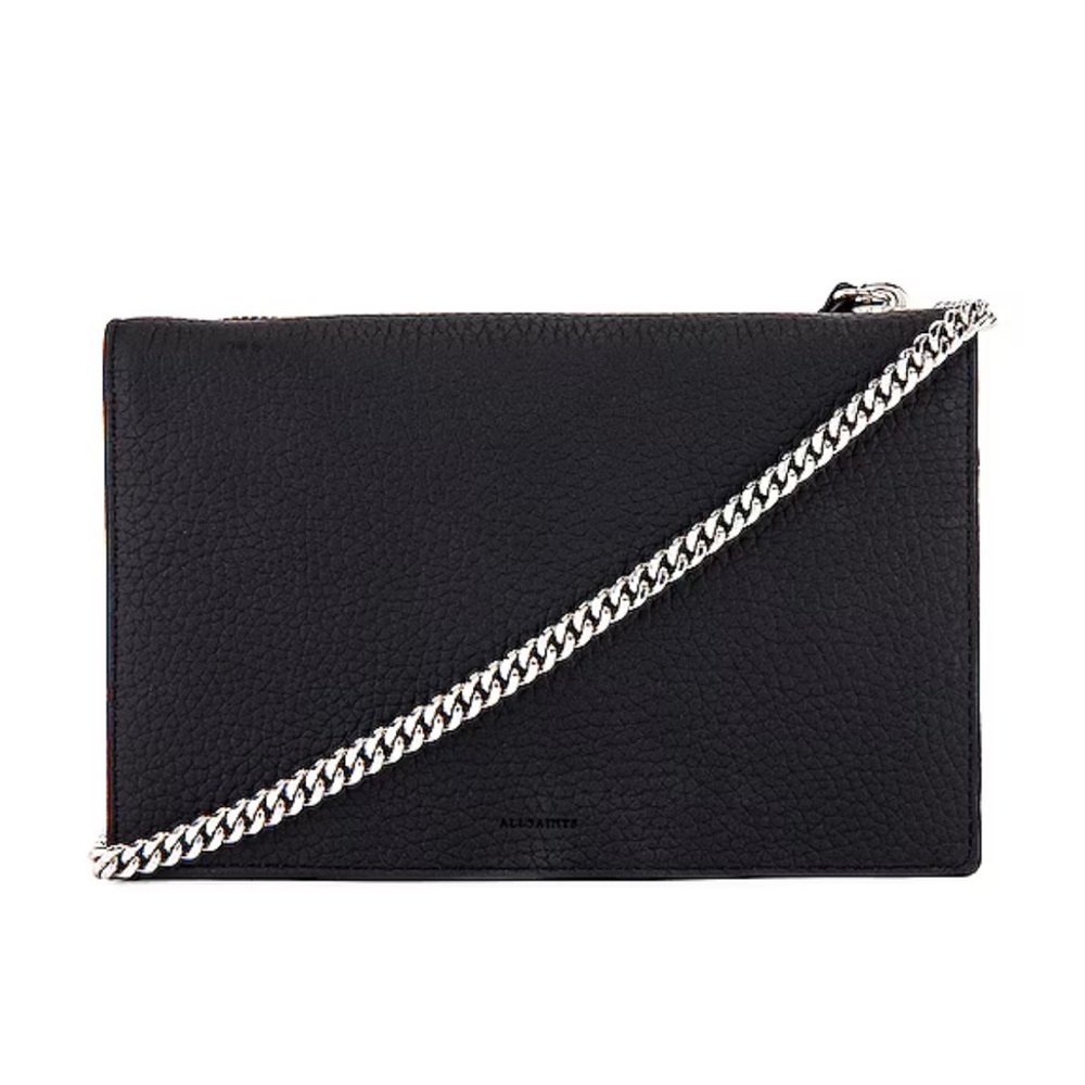 Black leather ALLSAINTS Fetch crossbody bag with chain and leather straps